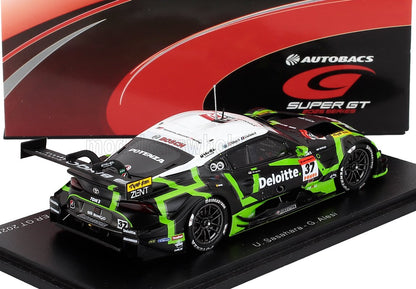 1/43 scale Toyota GR Supra Super GT race car model with Deloitte livery in black, green, and white on display stand, available at Vroomi