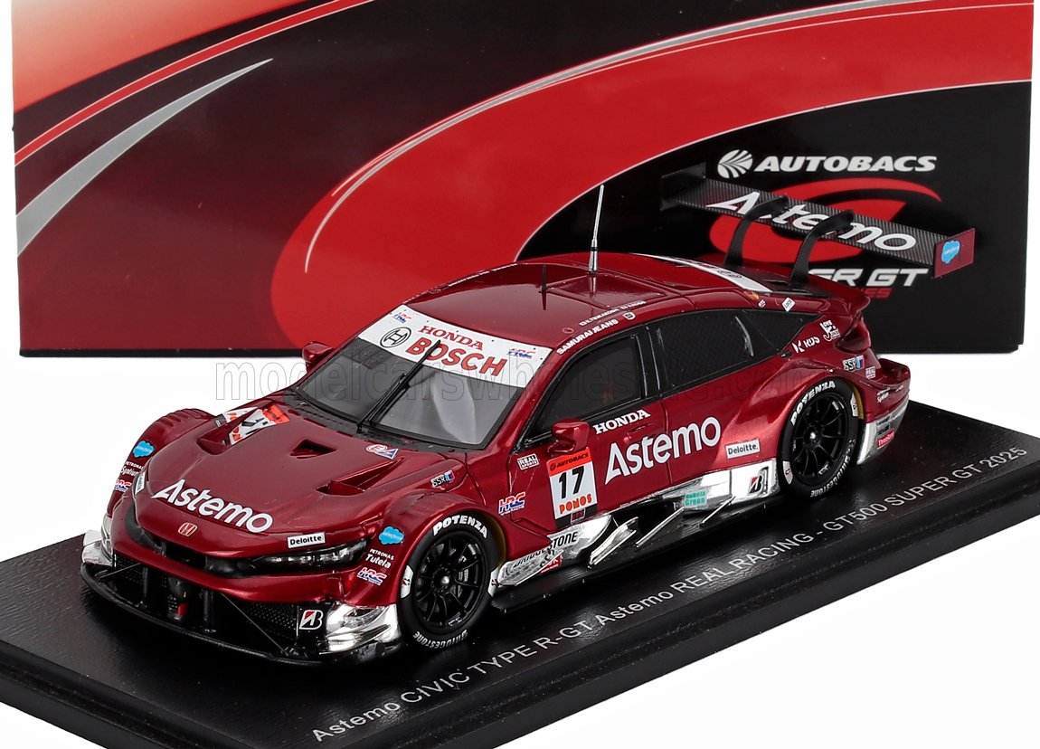 Red Astemo Honda Civic Type R-GT 1/43 scale model car with racing decals on display at Vroomi
