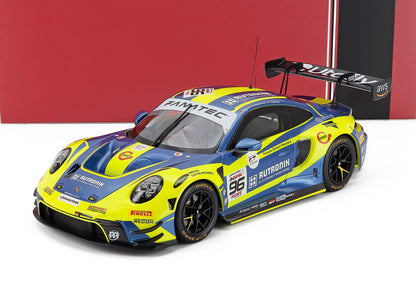 PORSCHE - 911 992 GT3 R 4,2 L TEAM RUTRONIK RACING N.º 96 24 Horas de Spa 2024 JULIEN ANDLAUER - SVEN MULLER - PATRIC NIEDERHAUSER - AMARILLO AZUL