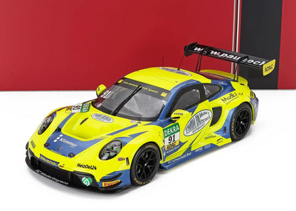 PORSCHE - 911 992 GT3 R TEAM JOOS N.º 91 ADAC GT MASTERS 2024 JOHANNES KAPFINGER - MICHAEL KAPFINGER - AMARELO AZUL Modelo de carro em escala na Vroomi