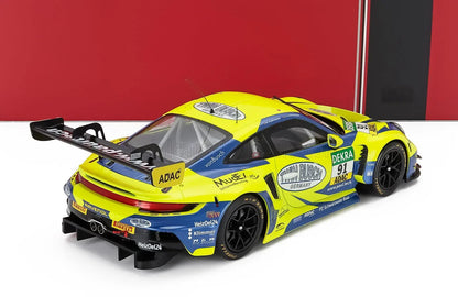 PORSCHE - 911 992 GT3 R TEAM JOOS N.º 91 ADAC GT MASTERS 2024 JOHANNES KAPFINGER - MICHAEL KAPFINGER - AMARELO AZUL Modelo de carro em escala na Vroomi