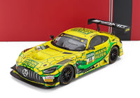 Modellino in scala auto da corsa Mercedes-AMG GT3 DTM giallo e verde con livrea MANN FILTER, decalcomanie sponsor e alettone posteriore, disponibile su Vroomi.