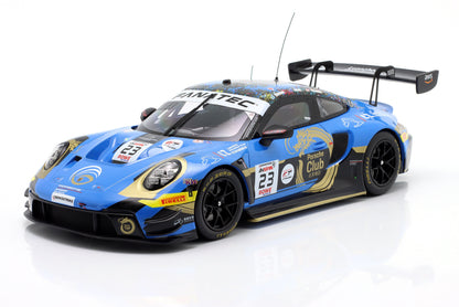 1:18 scale blue Porsche GT3 race car model with gold dragon graphics, available to order online
