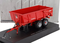 Maqueta a escala del remolque Gilibert Profi 1500 en rojo sobre peana de exposición, coleccionable Vroomi
