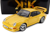 Modellino in scala Porsche 911 giallo con alettone posteriore, presentato da Vroomi per collezionisti.