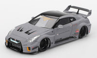 Gray diecast nissan gt35-rr lb-silhouette works gt coupe 2024 with black roof wide body kit and racing decals