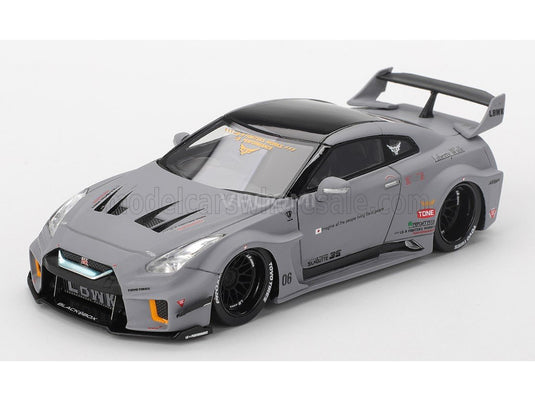 Gray diecast nissan gt35-rr lb-silhouette works gt coupe 2024 with black roof wide body kit and racing decals