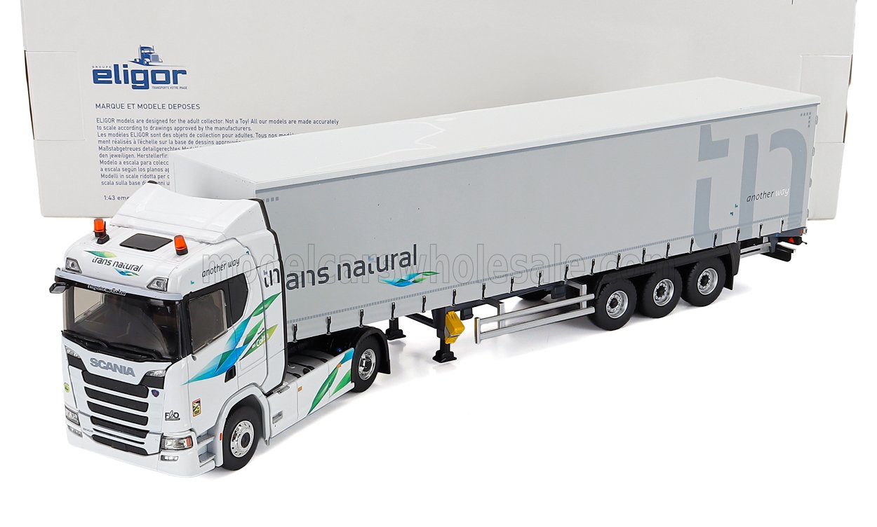 SCANIA - CAMIÓN R500 TELONATO TRANS NATURAL TRANSPORTS 2012 - BLANCO PLATEADO Maqueta de coche en Vroomi