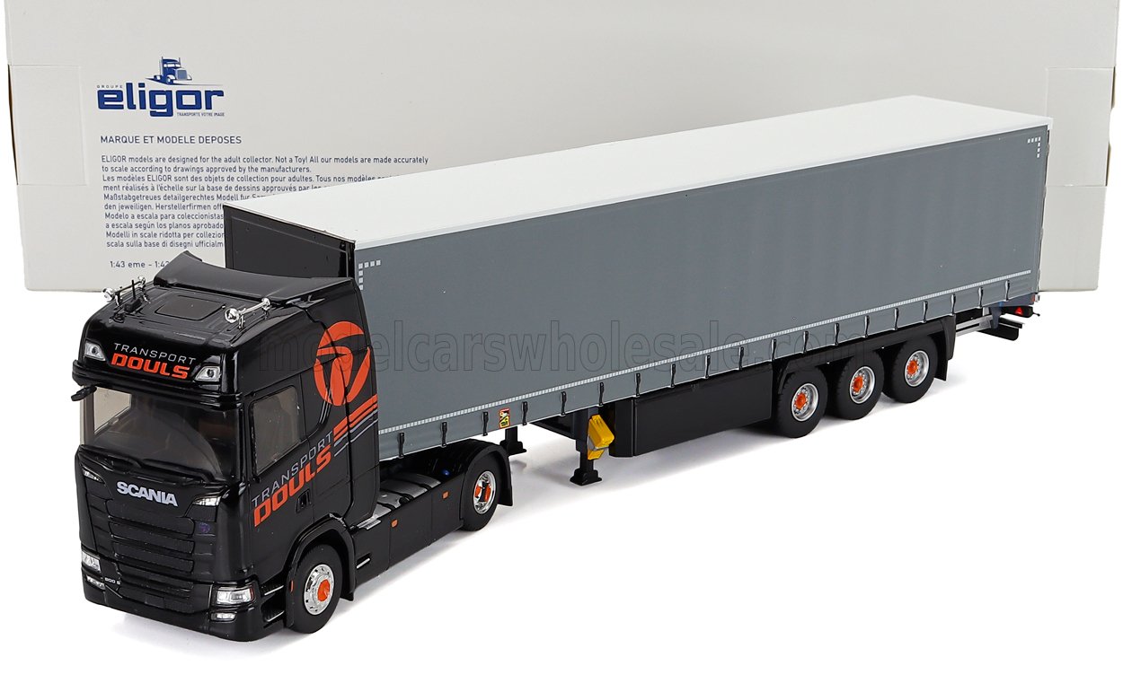 SCANIA - Camión S500 de Telonato Douls Transports 2021 - Negro y gris. Maqueta de coche en Vroomi