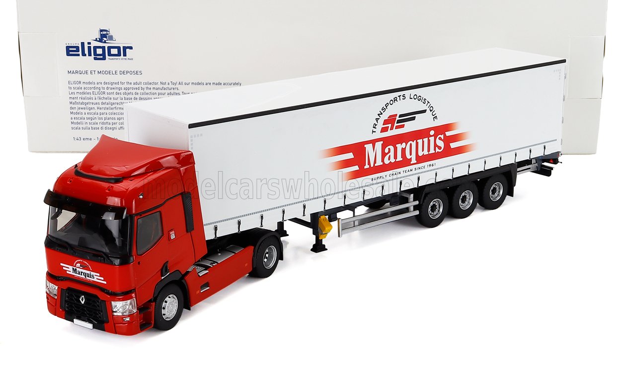 RENAULT - CAMIÓN T480 TELONATO MARQUIS TRANSPORTS 2021 - BLANCO Y ROJO. Maqueta de coche en Vroomi