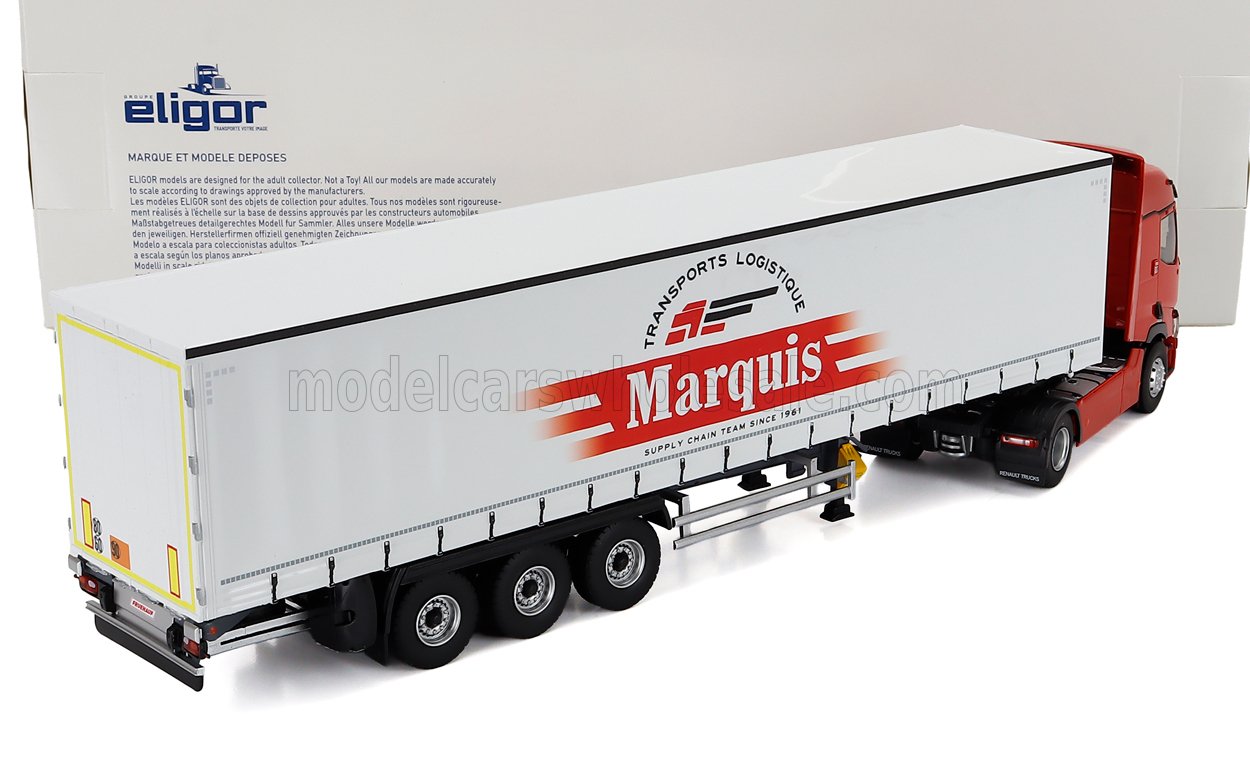 RENAULT - CAMIÓN T480 TELONATO MARQUIS TRANSPORTS 2021 - BLANCO Y ROJO. Maqueta de coche en Vroomi