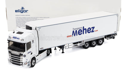 SCANIA - CAMIÓN S500 SEMIRREMOLQUE FRIGORÍFICO DE MEHEZ TRANSPORTS 2021 - BLANCO Maqueta de coche en Vroomi