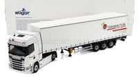 Modellino in scala del camion Scania S500 bianco con rimorchio Transactuel, per collezionisti — Vroomi