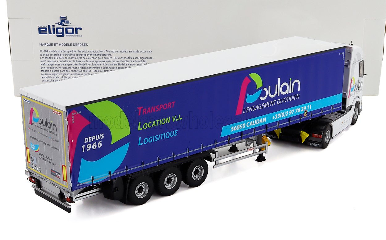 DAF - Camión XG de Telonato Poulain Transports 2021 - Blanco y azul. Maqueta de coche en Vroomi