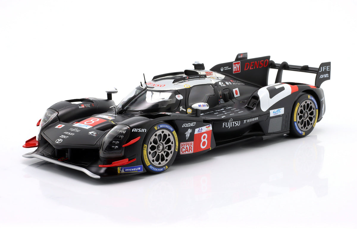 Voiture miniature Toyota GR010 Hybrid N°8 noire avec décalcomanies de sponsors détaillées, présentée chez Vroomi.