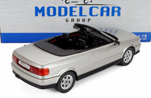 Silver Audi Cabriolet 1:18 scale model car by Modelcar Group, perfect for Vroomi collectors