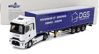 Modellino in scala del camion DGS Transports di Vroomi, replica 1:43 dettagliata con rimorchio blu