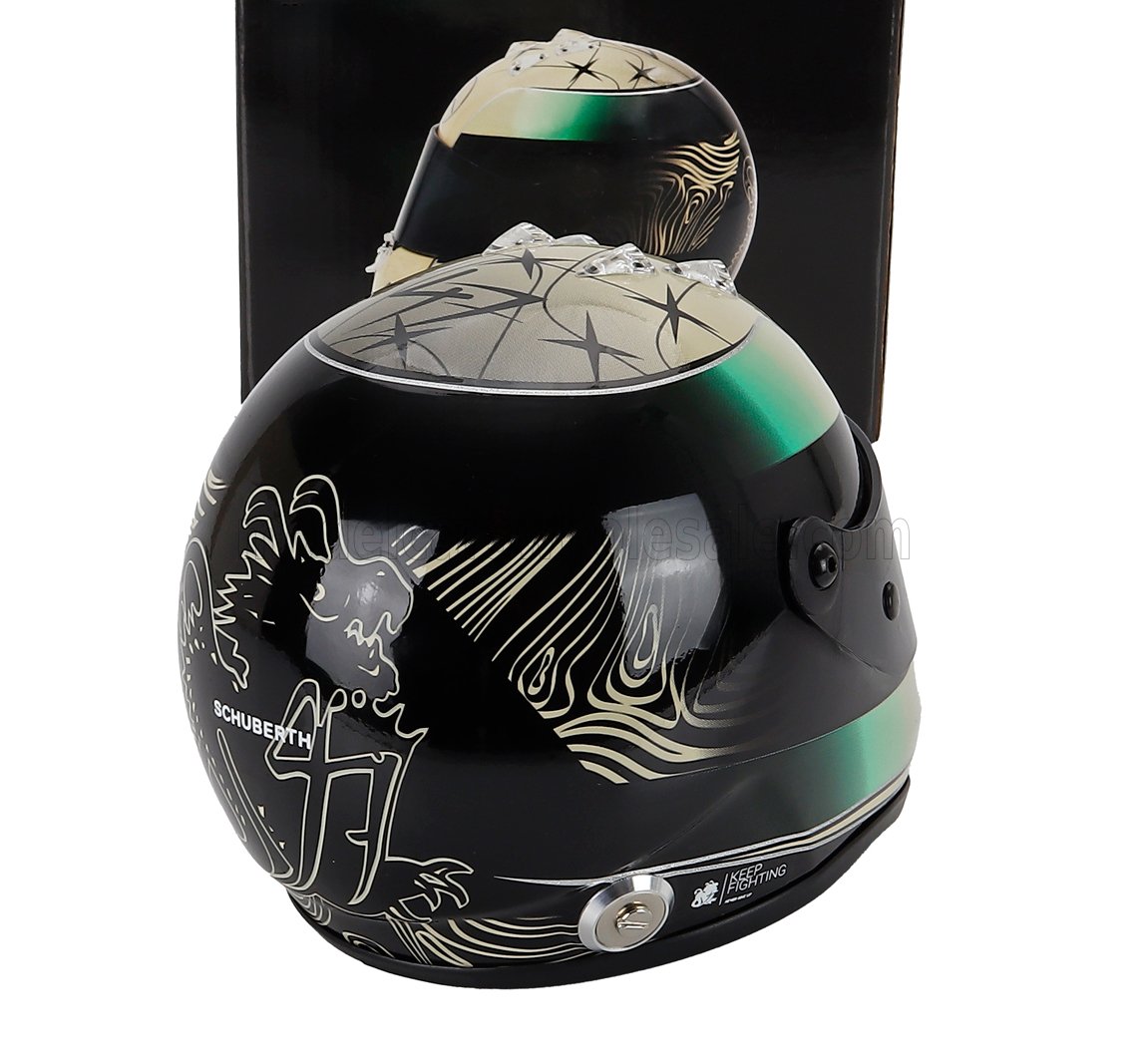 Schuberth racing helmet scale model car accessory by Vroomi, black with gold star and wave graphics