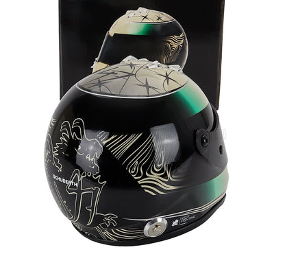 Schuberth racing helmet scale model car accessory by Vroomi, black with gold star and wave graphics
