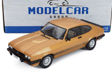 modellino o in scala della Ford Capri dorata realizzato da Modelcar Group, in metallo pressofuso in scala 1:18, esposto a Vroomi per i collezionisti.
