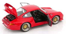 Rotes Porsche 911-Modellauto mit geöffneten Türen und Kofferraum, goldene Felgen – Vroomi-Sammler-Replik