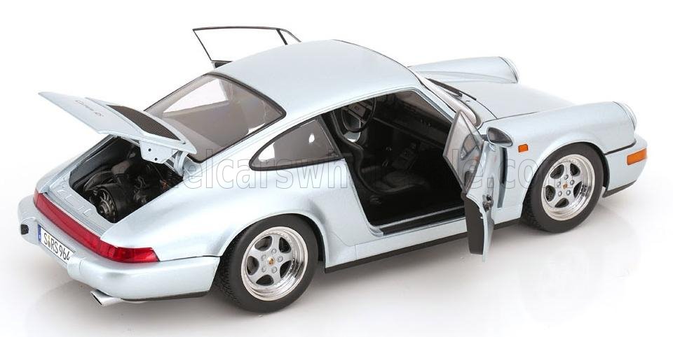 Silver Porsche 911 scale model car with open doors and engine bay, showcased by Vroomi for collectors