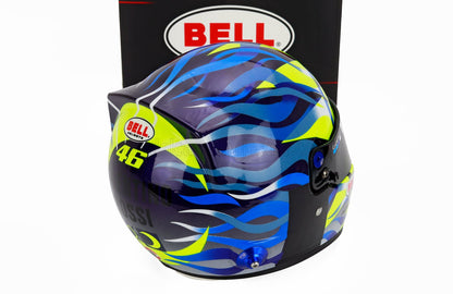 Valentino Rossi 46 Bell helmet replica, vibrant blue and yellow design, displayed with Bell box — scale model car collectible at Vroomi