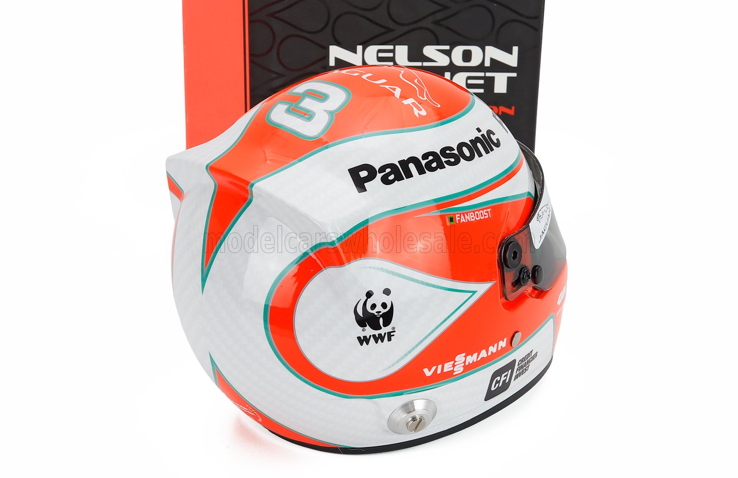 Nelson Piquet Jr. racing helmet scale model car collectible by Vroomi, featuring Panasonic and WWF logos
