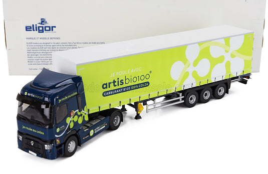 modellino Eligor in scala 1:43 modellino un camion Renault con livrea Artis Bio100, esposto nella confezione Vroomi