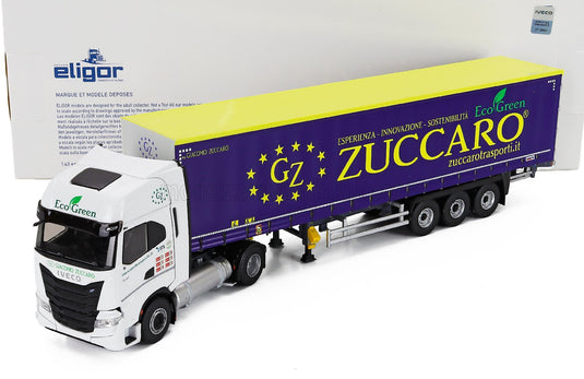 modellino Giacomo Zuccaro: bilancia per camion Iveco modellino Vroomi, rimorchio viola e giallo, in die-cast scala 1:43