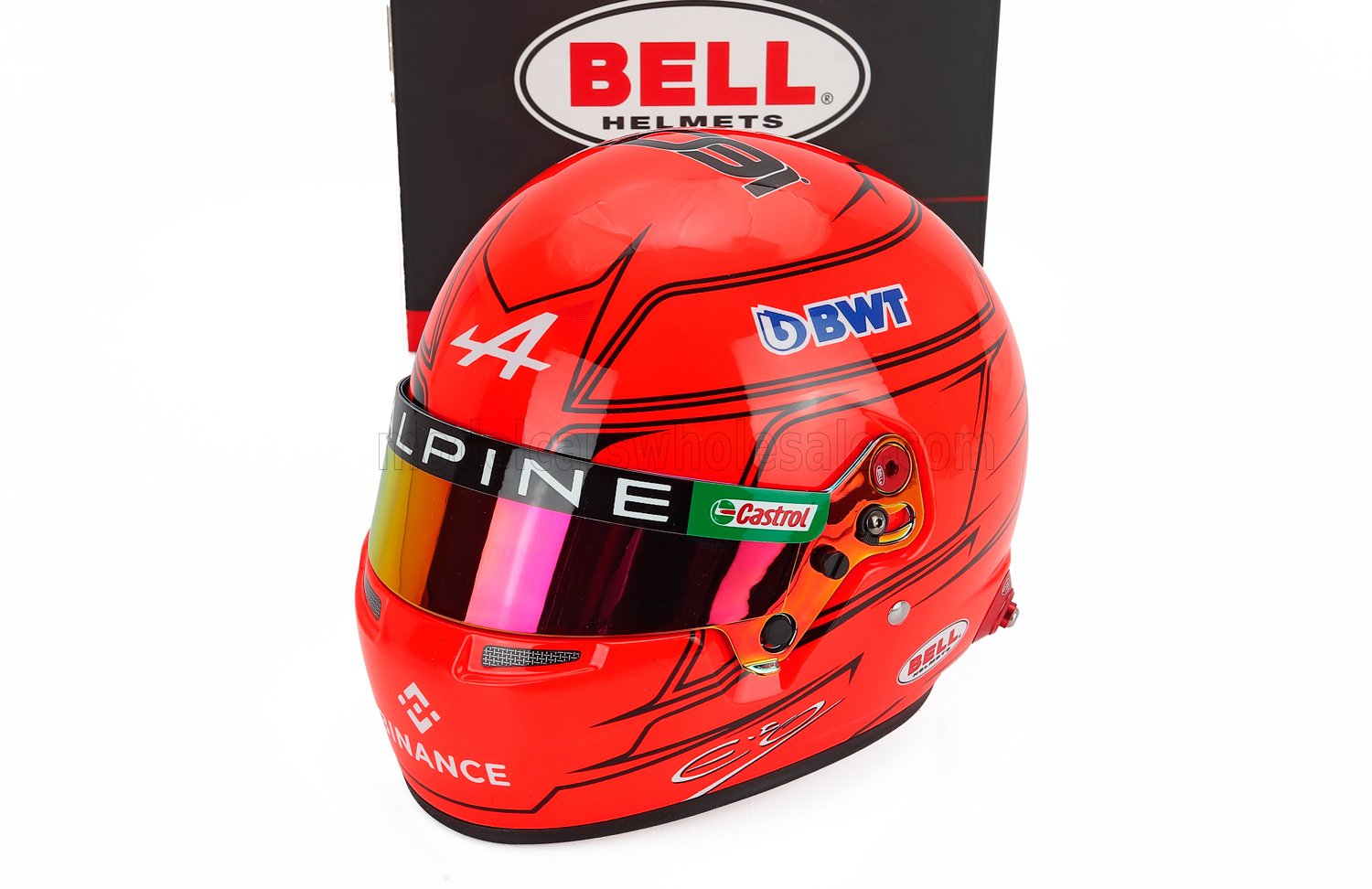 Red Alpine F1 helmet with BWT, Castrol logos — scale model car collectible at Vroomi