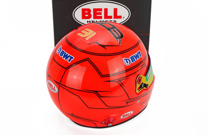 Red BWT racing helmet scale model car accessory by Vroomi, featuring Bell branding and detailed decals.