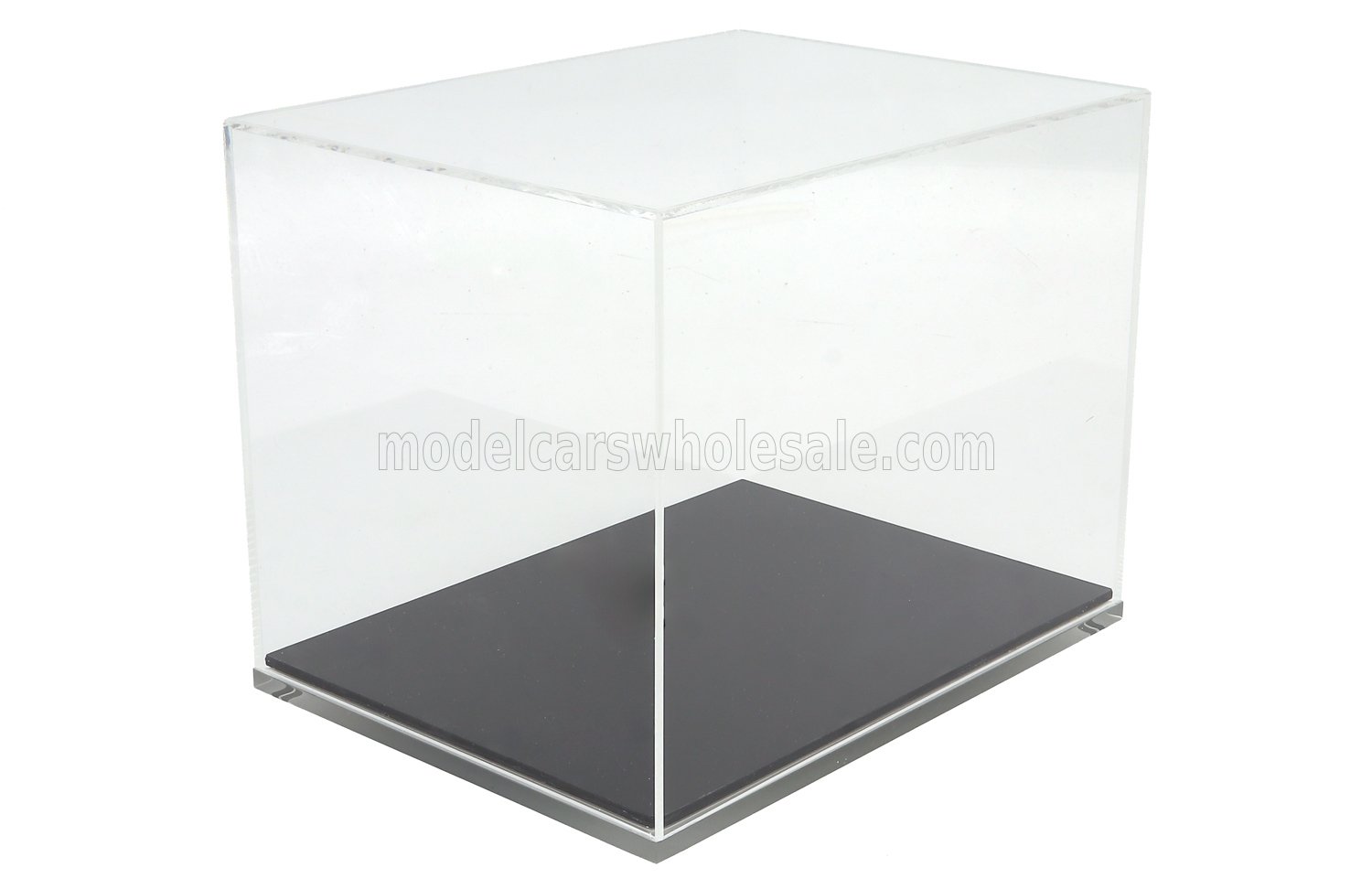Clear acrylic display case for scale model car, featuring black base, perfect for Vroomi collectors