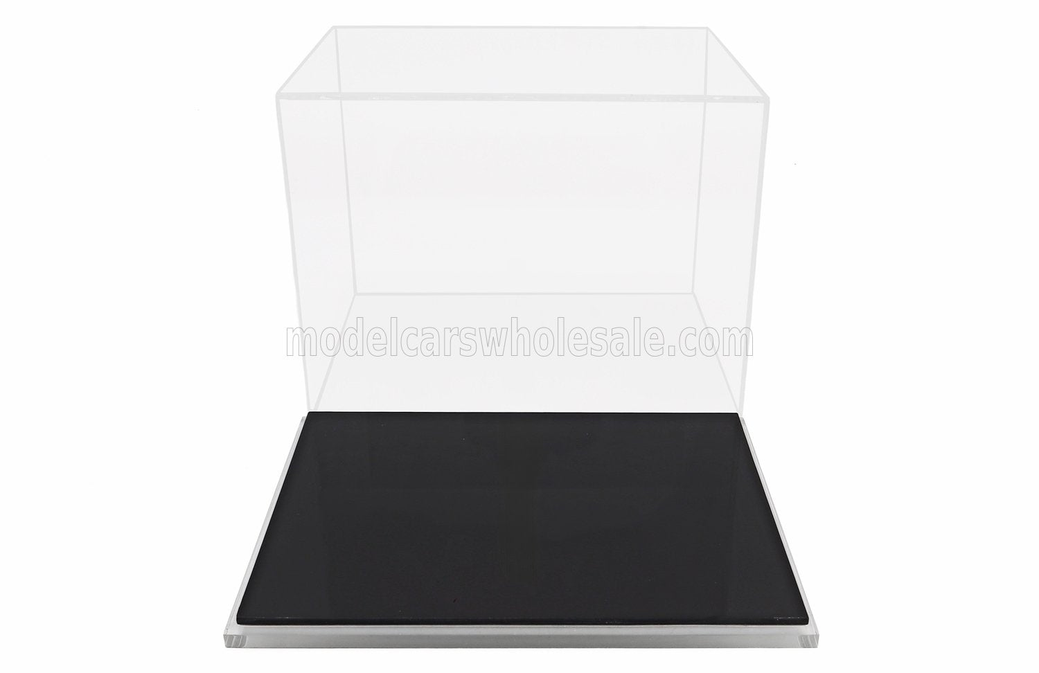 Clear acrylic display case with black base for scale model car, perfect for Vroomi collectors