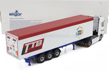 TTB Transports Scania truck scale model car by Vroomi, detailed white & red trailer with France Benne logo