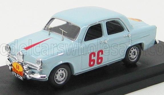 Light blue vintage 4-door classic race car model with number 66, showcased on a black display base, available on Vroomi