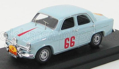 Light blue vintage 4-door classic race car model with number 66, showcased on a black display base, available on Vroomi