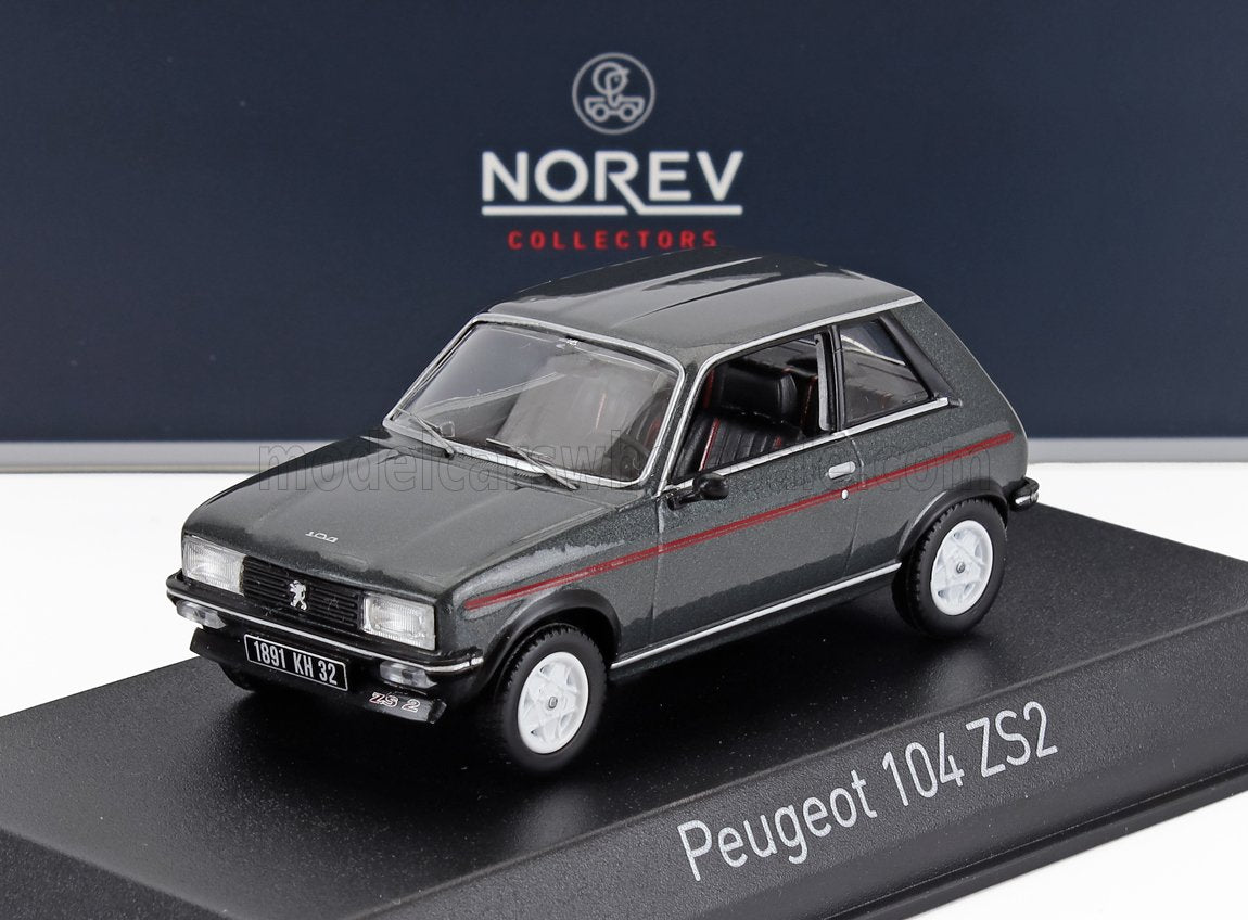 Norev Peugeot 104 ZS2 model car in dark gray with red stripe, displayed on stand, available on Vroomi
