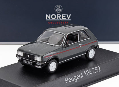 Norev Peugeot 104 ZS2 model car in dark gray with red stripe, displayed on stand, available on Vroomi