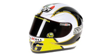 Motorcycle helmet with branding on a white background