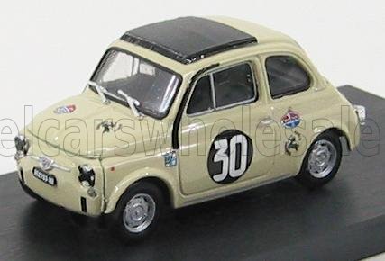 Voiture miniature Fiat 500 crème avec toit noir et décalque de course #30, présentée chez Vroomi