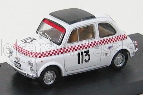 Voiture miniature blanche avec bandes à damier rouge et numéro 113, présentée par Vroomi