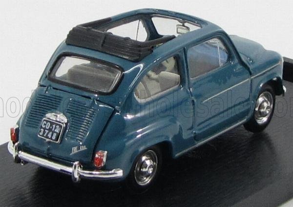 Voiture miniature 1:43 bleu canard avec capote décapotable, sur socle noir — réplique de collectionneur Vroomi
