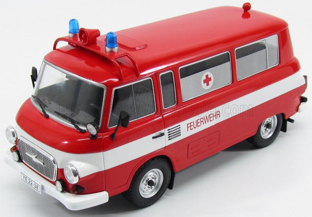 Red and white vintage Feuerwehr fire rescue van model with blue lights and red cross, available at Vroomi