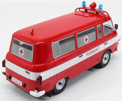 Red and white vintage Feuerwehr fire rescue van model with blue sirens and red crosses, available at Vroomi