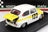 Voiture miniature blanche et jaune avec capot ouvert, numéro 122, exposée chez Vroomi