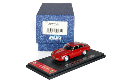 Red Alfa Romeo SZ 1961 model car on display stand with blue BBR Models box, available on Vroomi
