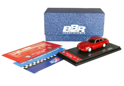 Red Alfa Romeo vintage model car on black display with certificate and blue BBR Models box, available on Vroomi