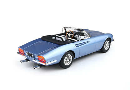 Metallic blue classic convertible car with wooden steering wheel and white interior, available through Vroomi