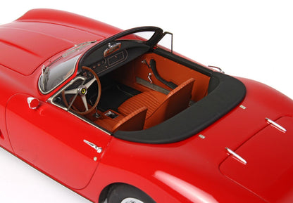 Red classic convertible car model with detailed brown leather interior and black soft top, now on Vroomi